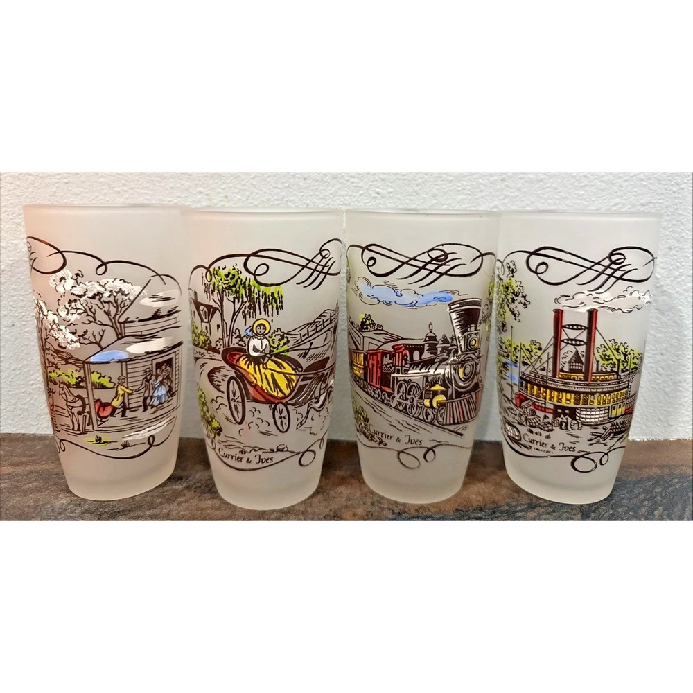 Vintage Currier & Ives Frosted Glass Tumblers Set of 4 12 Oz Retro Americana